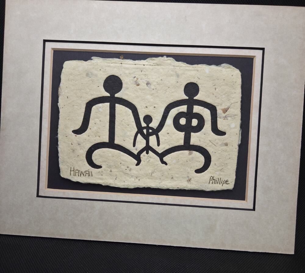 Original Woodblock Print Phillip Miller Hawaii Ohana Family Mango Fibers Matted